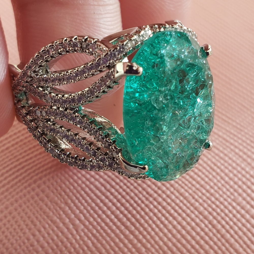 925 SILVER PLATED GREEN PARAIBA RING - Picture 3 of 10